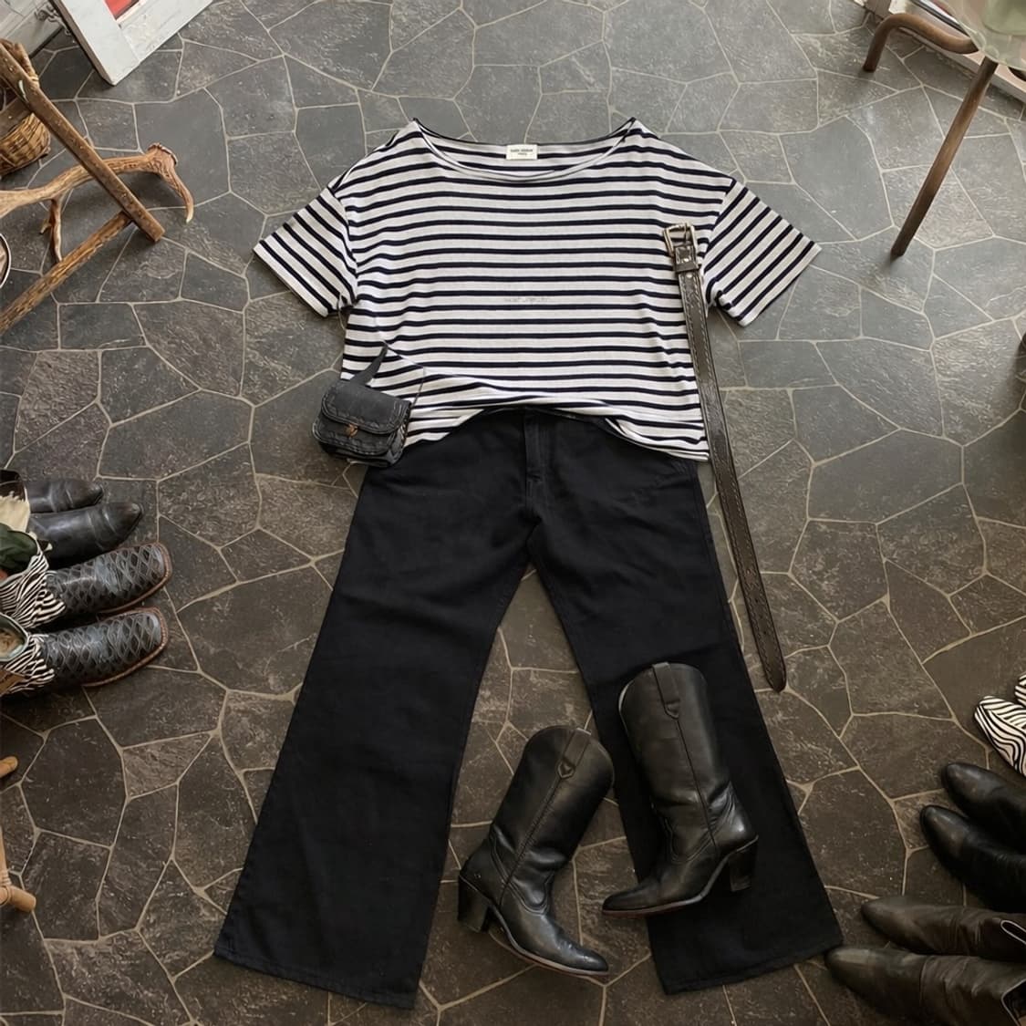 생로랑 로고 자수 프렌치 마린 스트라이프 티셔츠 상품이미지1