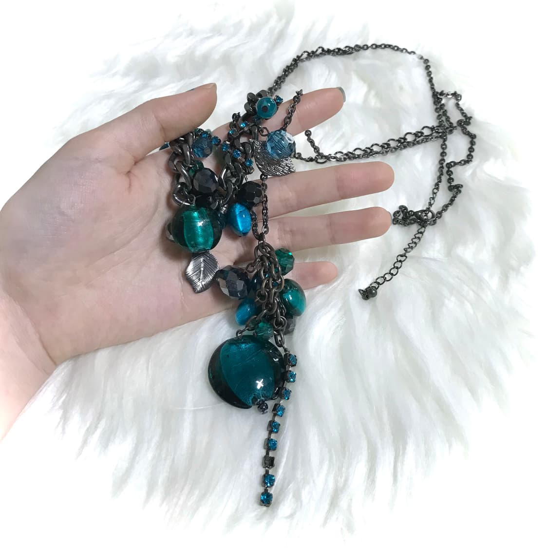 빈티지 딥터콰이즈 청록 비즈 롱 드롭 두줄 체인 목걸이 상품이미지3