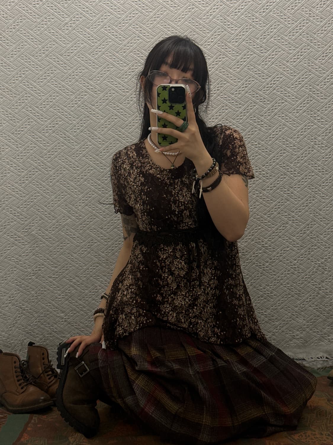 빈티지 레트로 란제리코어 초코브라우니 레이스 조임 반팔티 K0065 상품이미지2