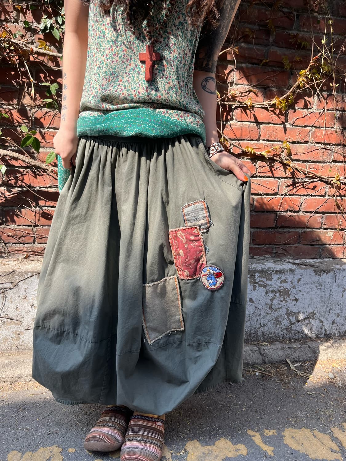 빈티지 카키 패치워크 벌룬 스커트 상품이미지4