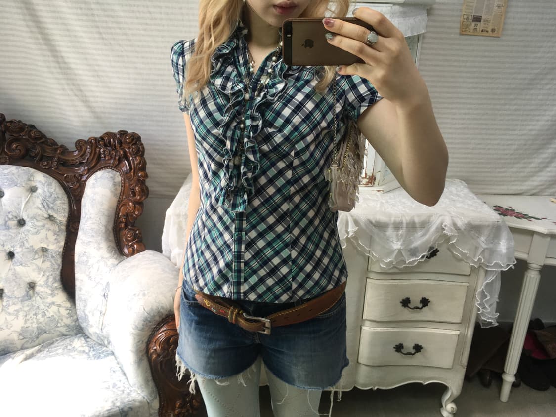 일본빈티지 핀터 민트 체크 러플 퍼프 블라우스 상품이미지3
