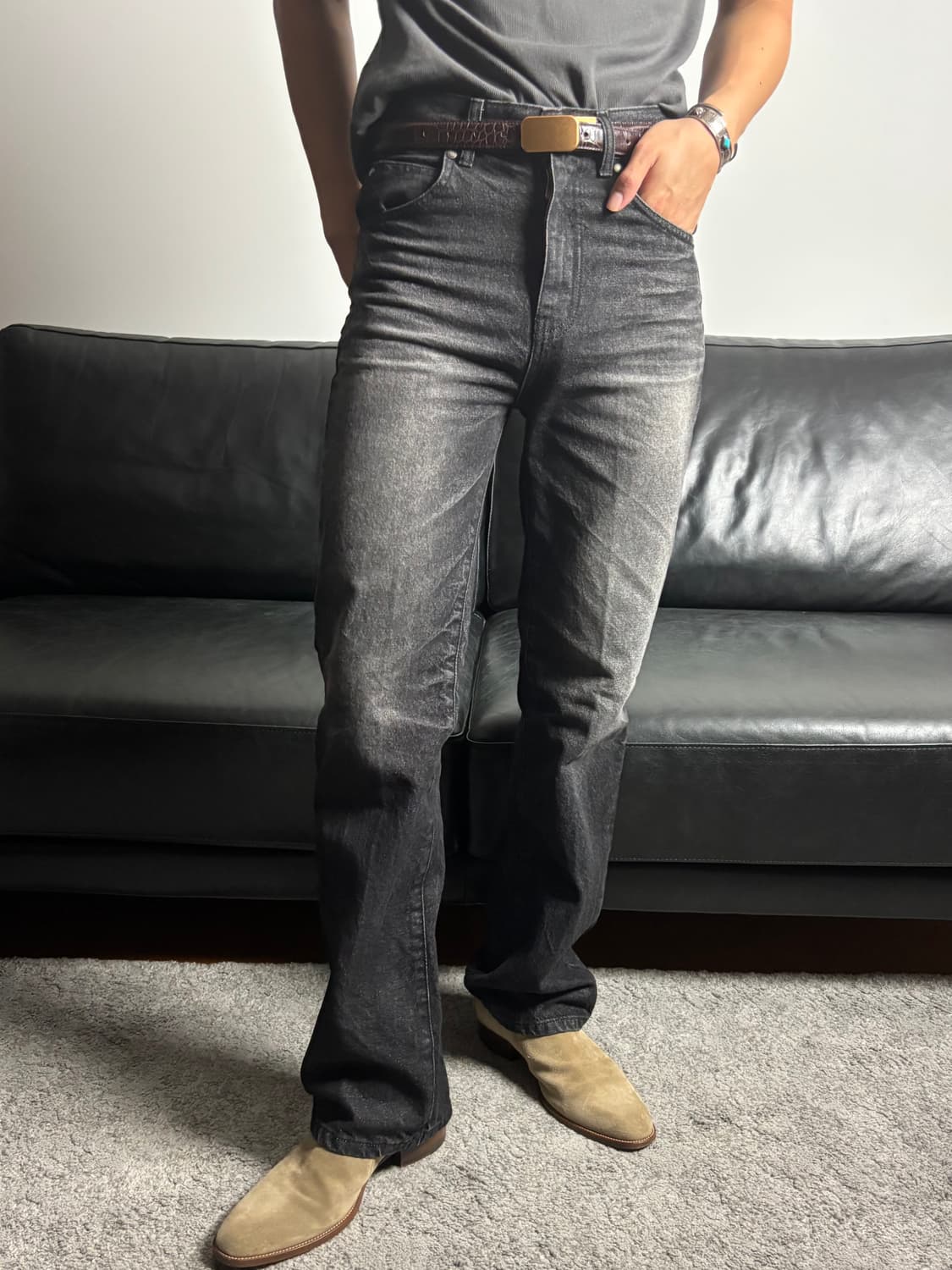 엘무드 아키라 플레어 데님 워시드 블랙 44 상품이미지2