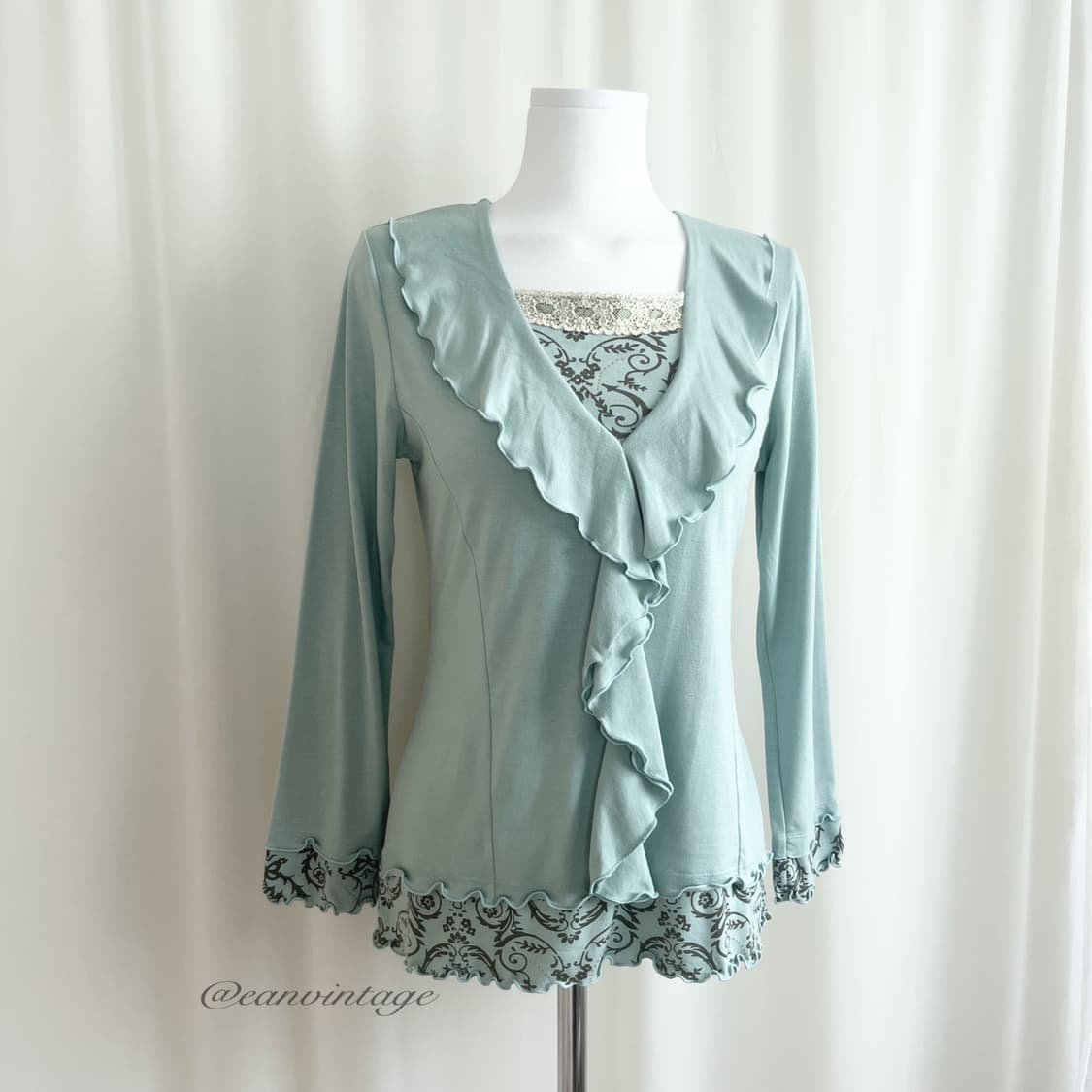 teal green pattern ruffle top 상품이미지2