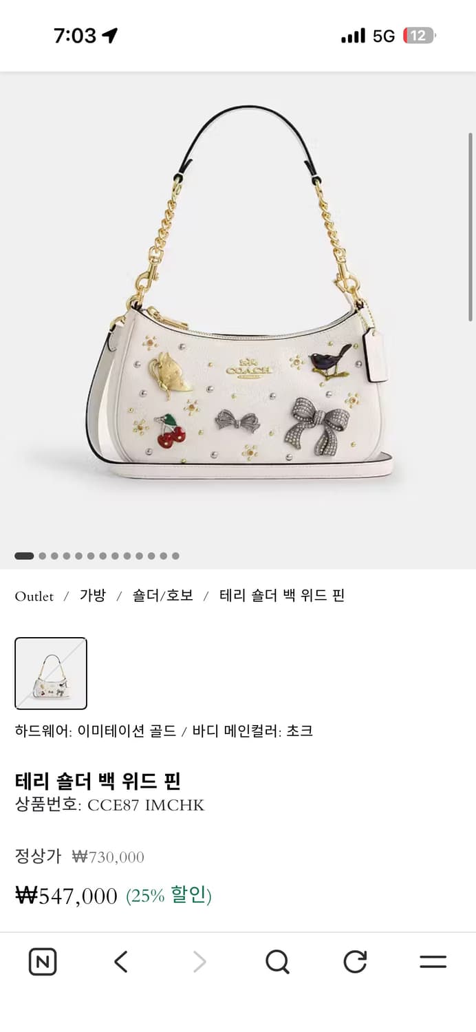 코치 테리 숄더 백 위드 핀 (더스트백 있음) 상품이미지6