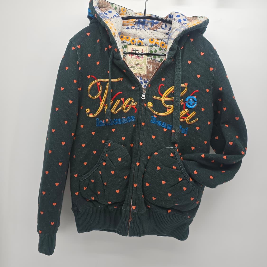 딥 그린 하트 패턴 후드 집업 상품이미지2
