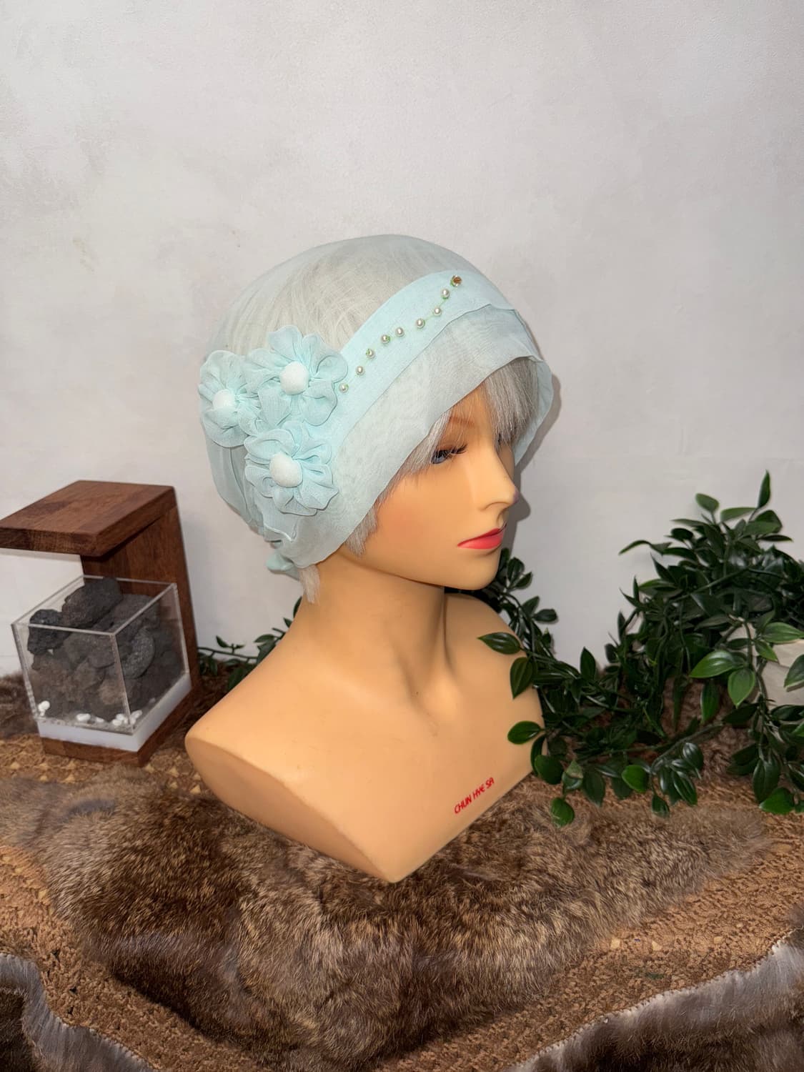 Sky blue fairy flower organza mesh 비니 상품이미지1