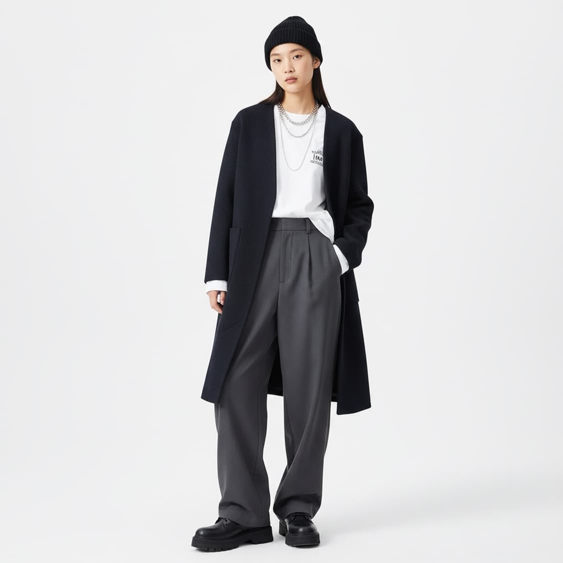 Sisley 시슬리 네이비 노카라 롱가디건 42 (미니멀) 상품이미지1