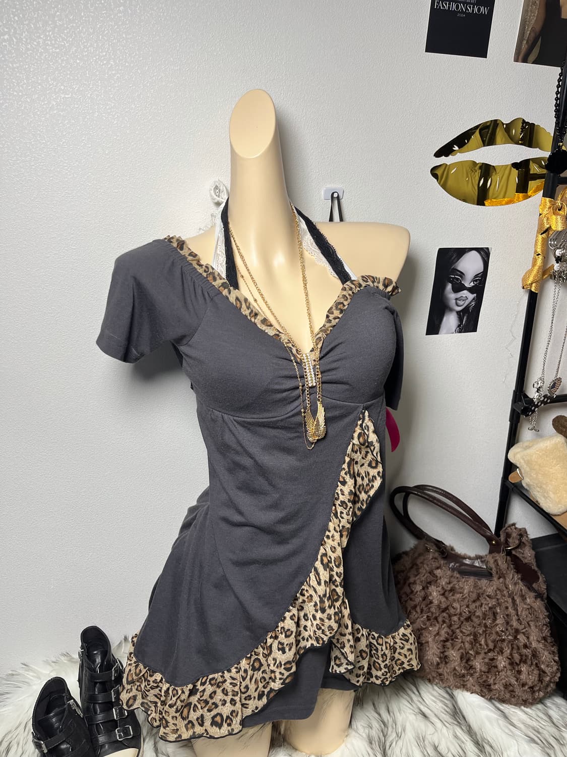 Body Jeine 갸루 홀터넥 호피 오프숄더 원피스 상품이미지3