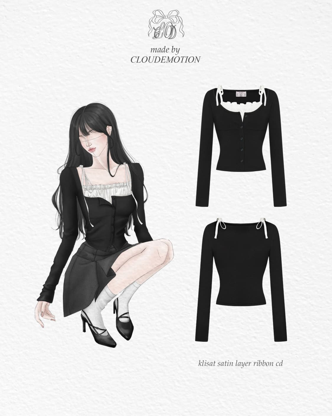 클라우드이모션 Made 블랙 클리셋 새틴 셔링 나시 레이어드 가디건 상품이미지2