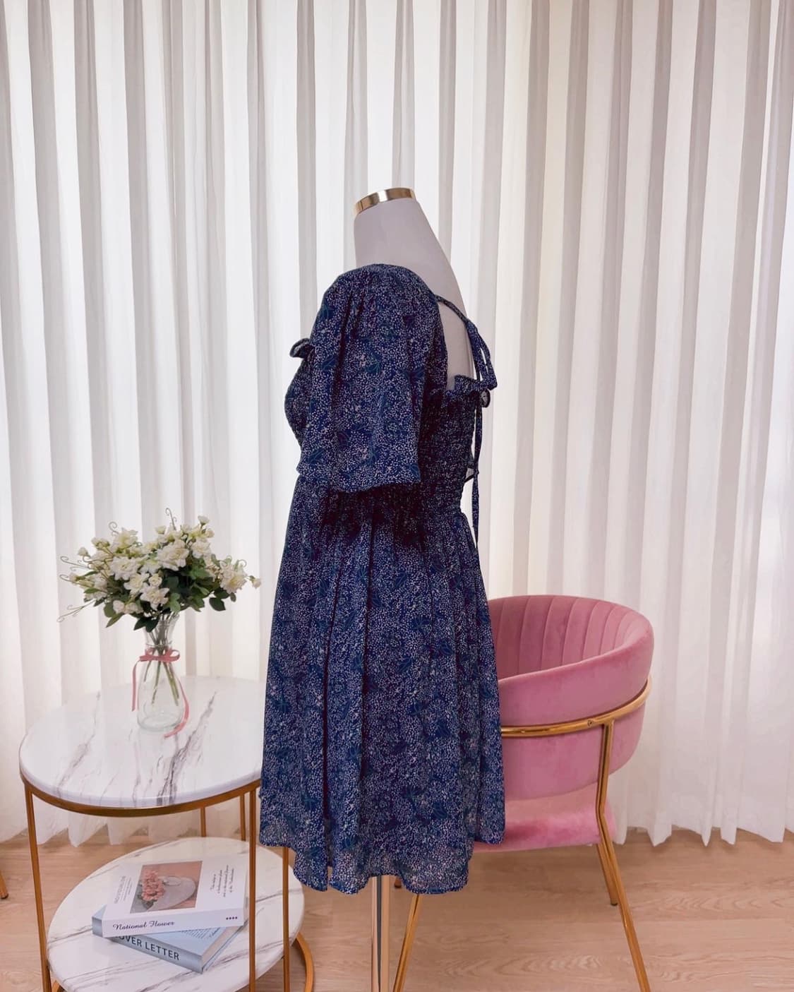 스퀘어넥 스모크 뒷리본 프릴 퍼프 원피스 상품이미지7