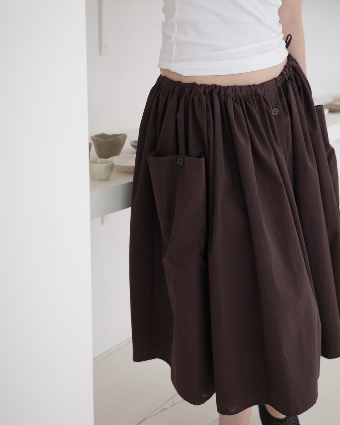 taey 태이 코튼 셔링 스커트 브라운 상품이미지3