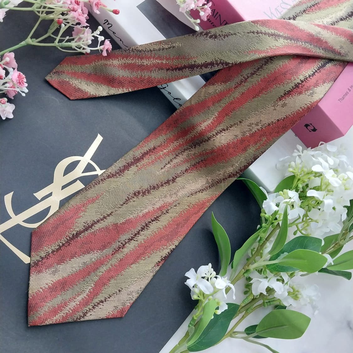 입생로랑 실크 그린 믹스 패턴 넥타이 9.5cm A등급 K2292 상품이미지4