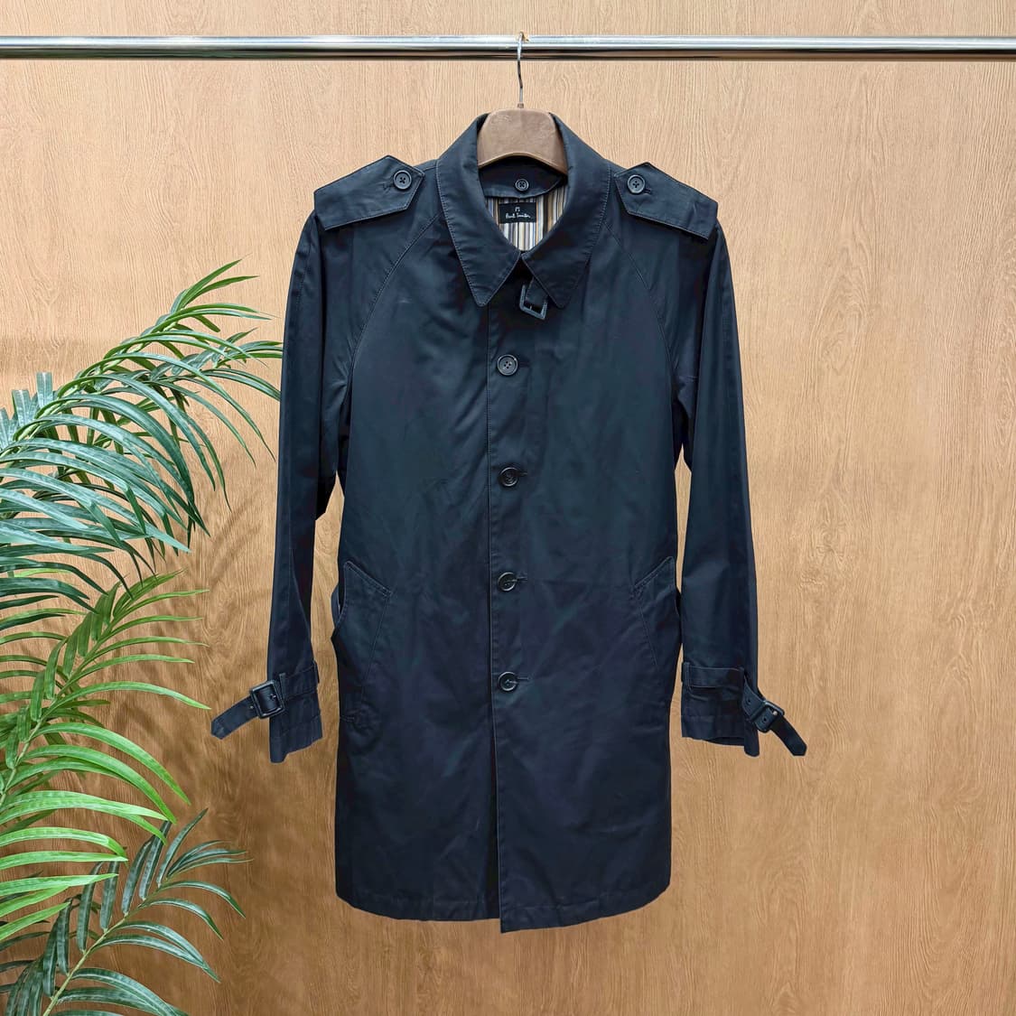 폴스미스 PS 싱글 트렌치 코트 스트라이프 안감 허리 벨트 디테일 블랙 상품이미지1