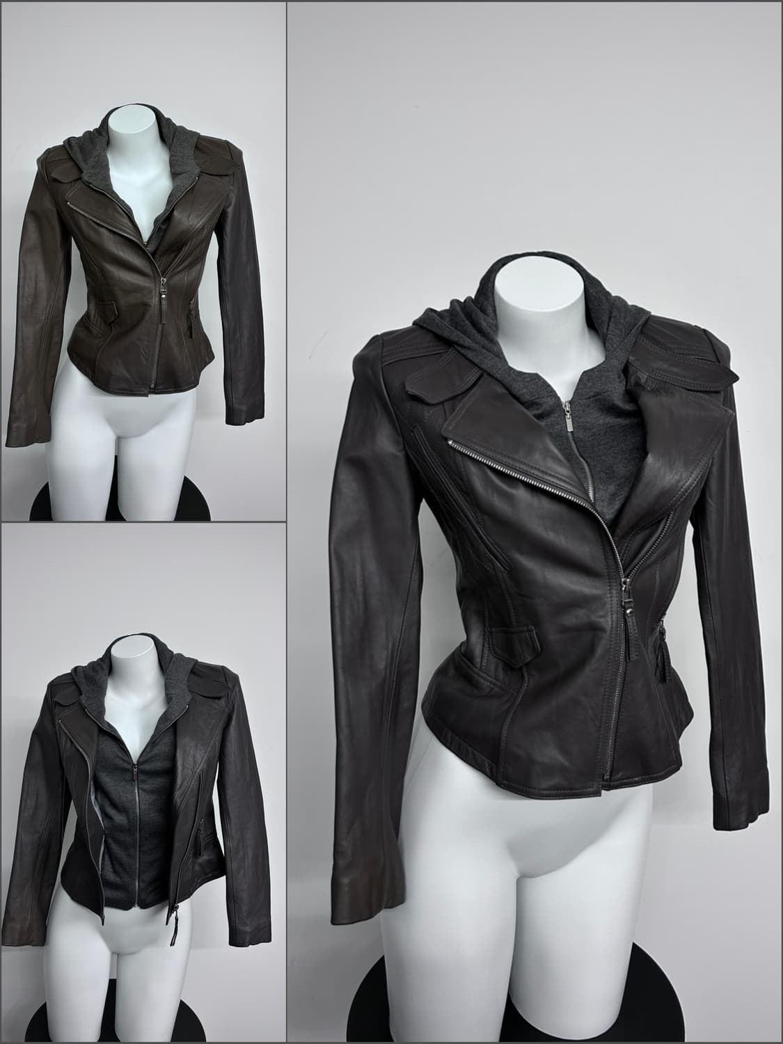 사선 후드 하이브리드 레더 자켓 상품이미지1