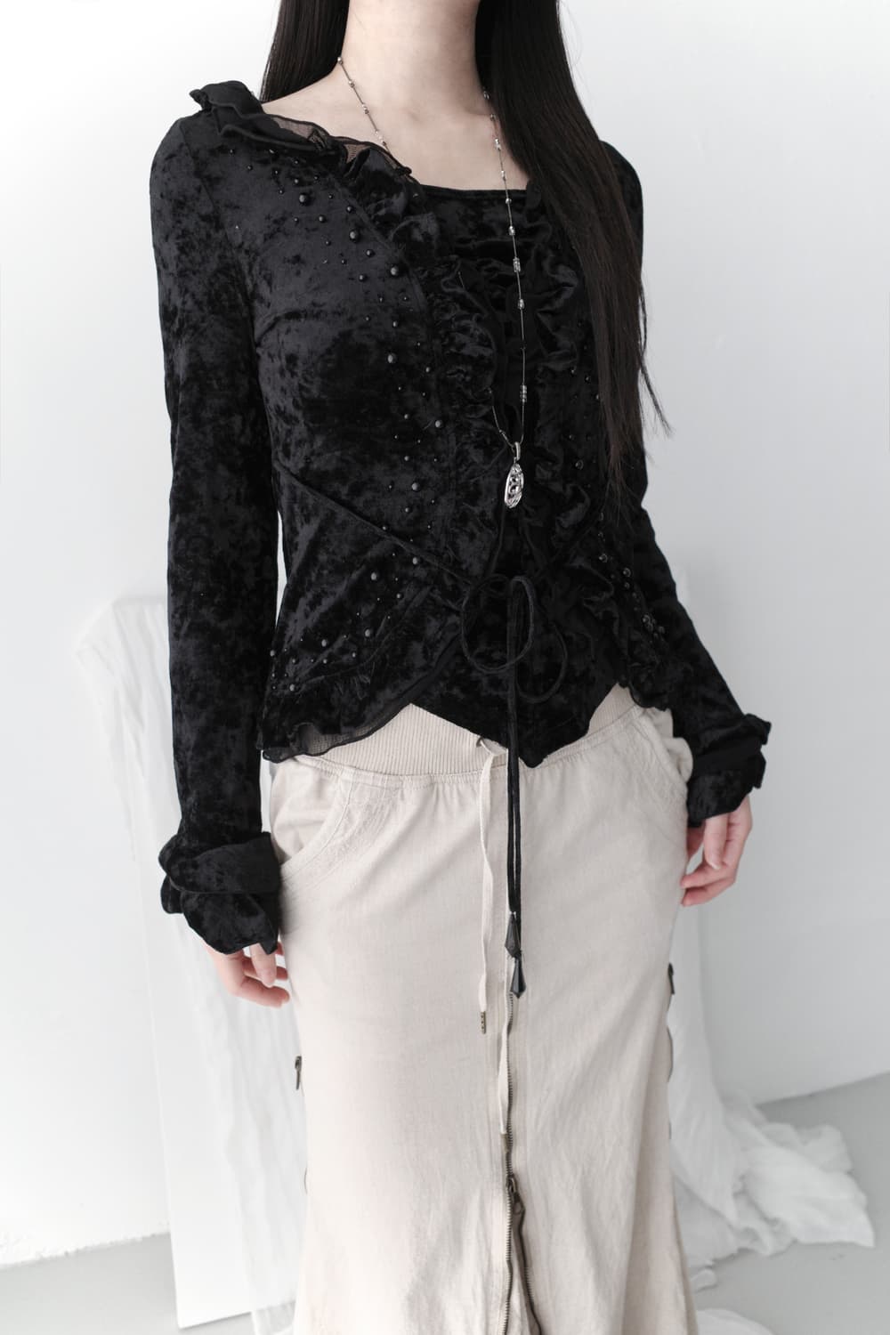 ozz on) beads velvet frill long sleeve 상품이미지6