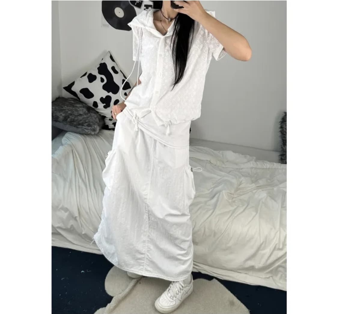 키미스 후드 펀칭 레이스 플라워 아일렛 빈티지 셔츠 가디건 화이트 상품이미지2