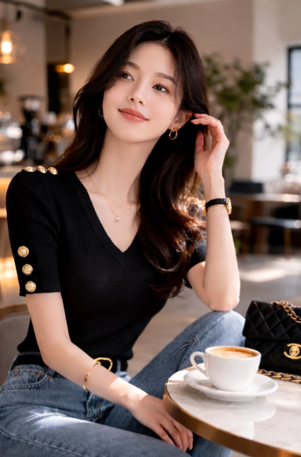 금장 버튼 디테일 브이넥 골지 니트 (슬림핏)free 상품이미지1