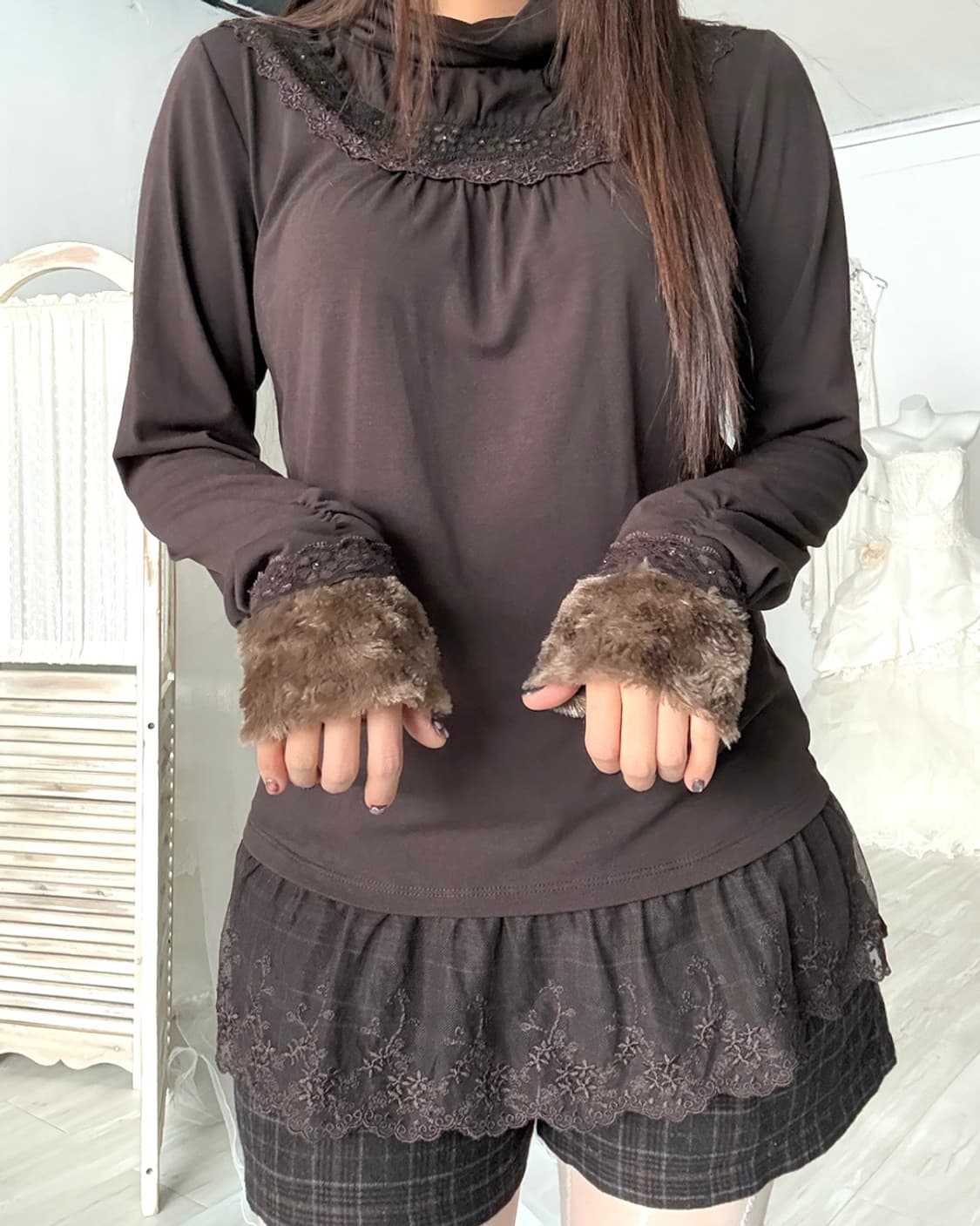 Mocha brown fur detail fairy long sleeve 상품이미지5