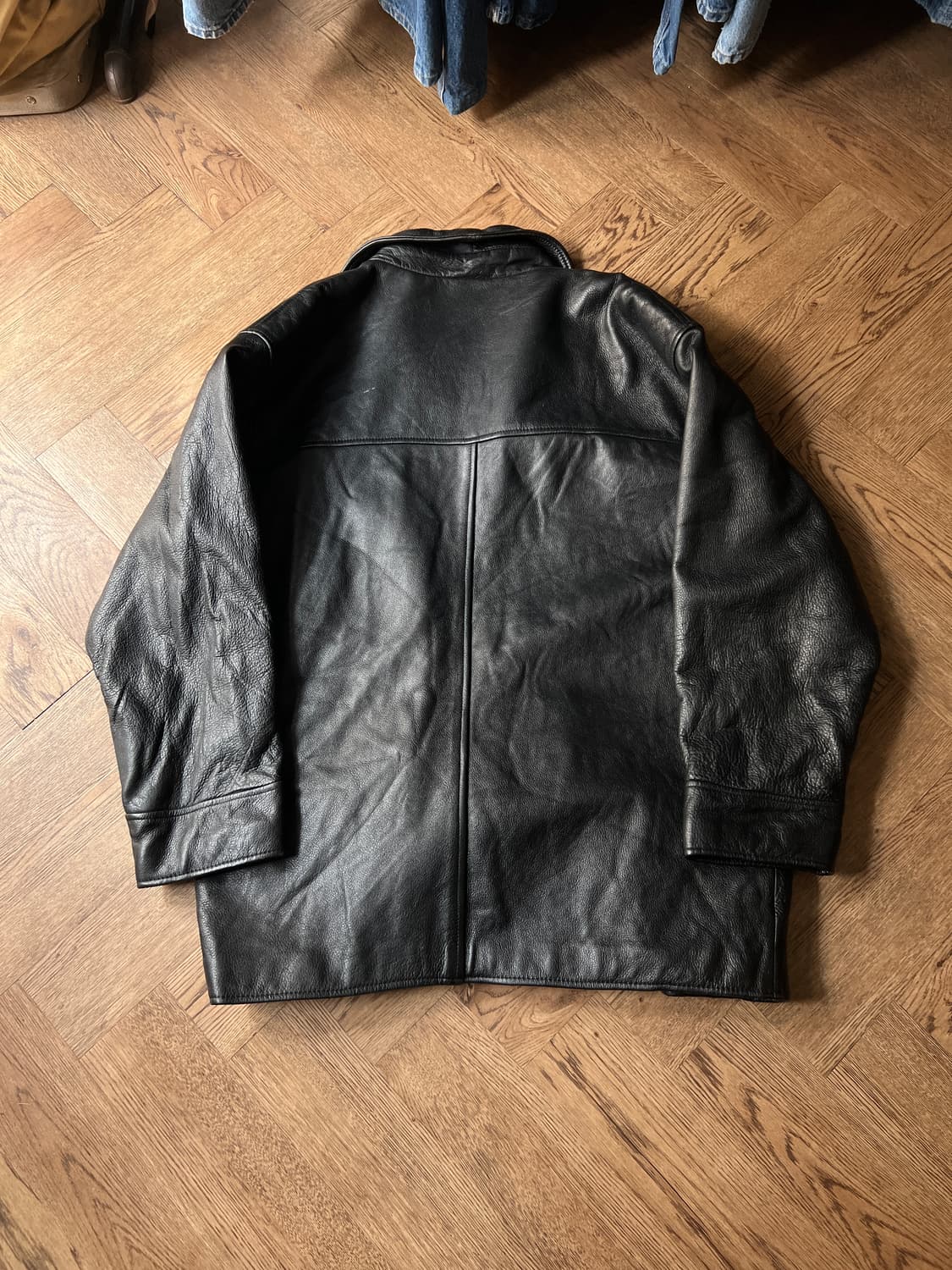 [M]USA 빈티지 퀼팅 라이닝 리얼 레더 블랙 카코트 상품이미지9