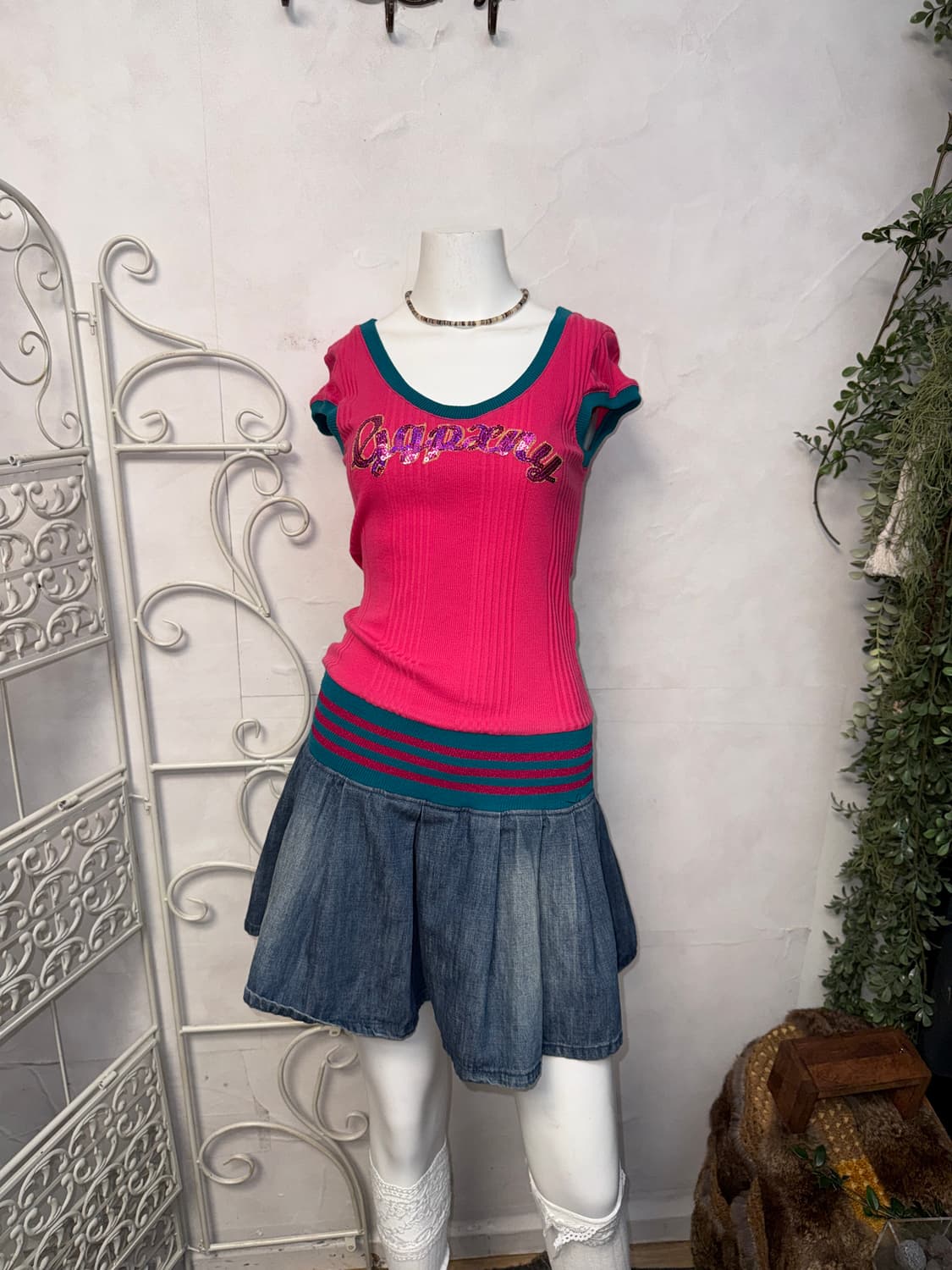 GGPX pink glitter denim pleats ops 상품이미지3