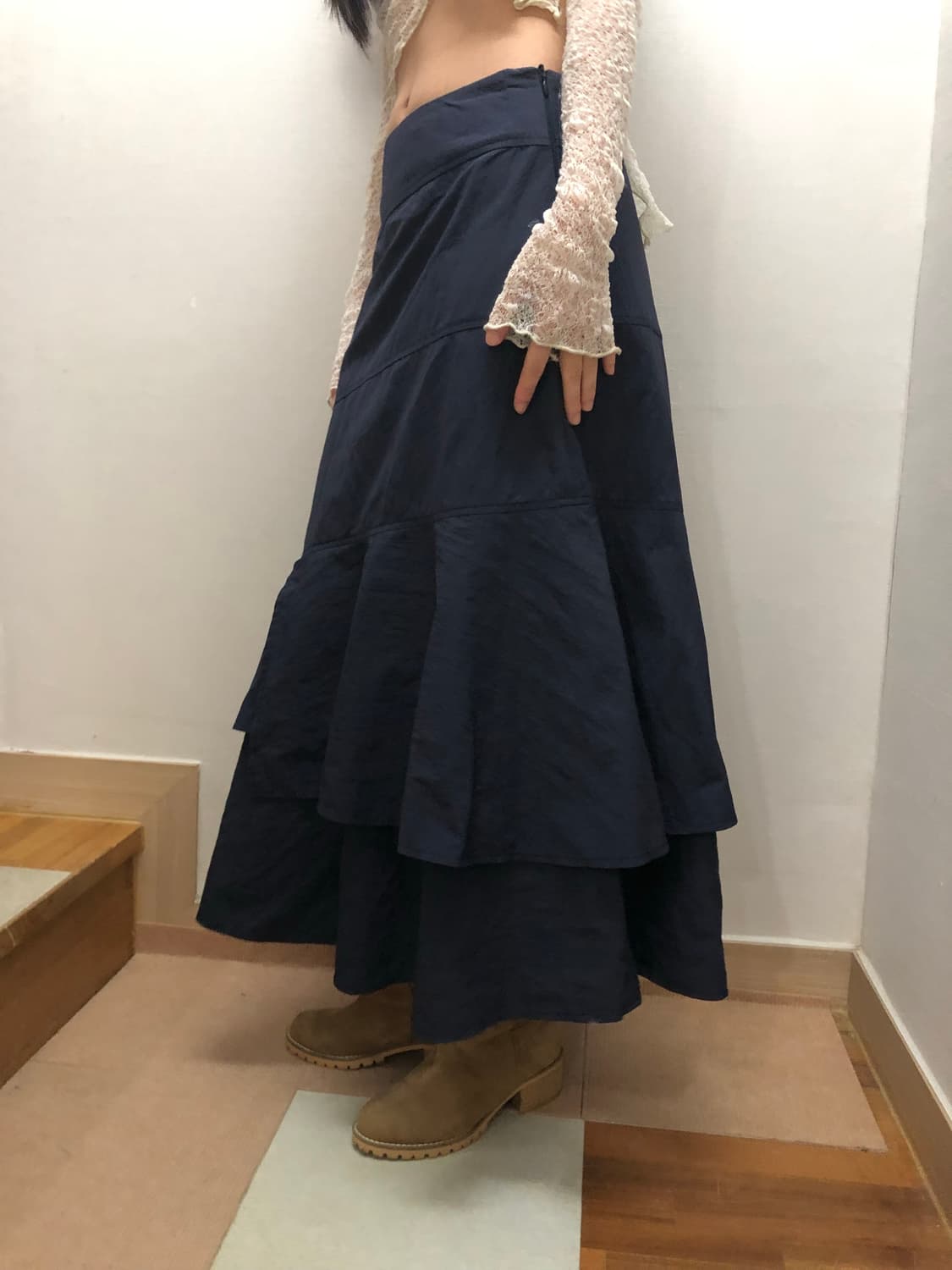 빈티지 네이비 러플 롱 스커트 상품이미지3
