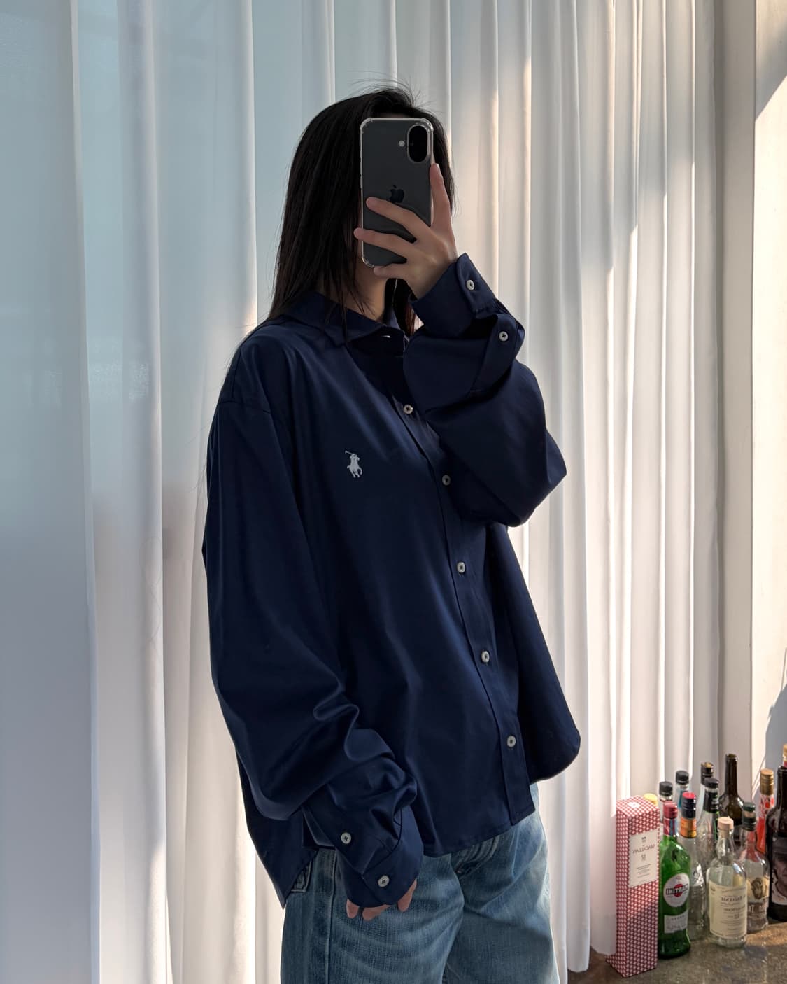 [XL](새상품)폴로 랄프로렌 크롭 니트 드레스 셔츠 navy 상품이미지1