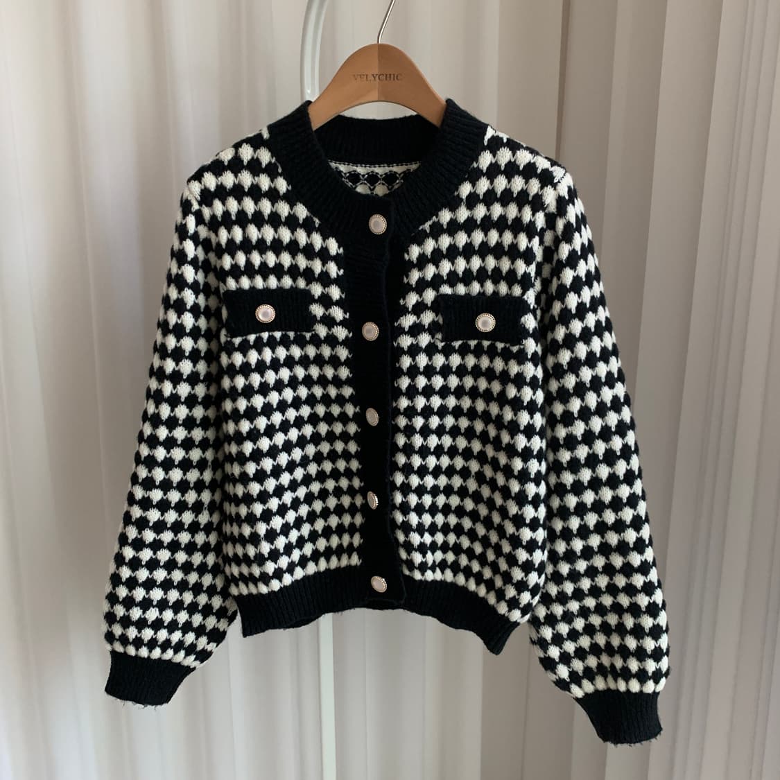 빈티지 골드 버튼 포인트 하운드투스 체크 니트 가디건 상품이미지2