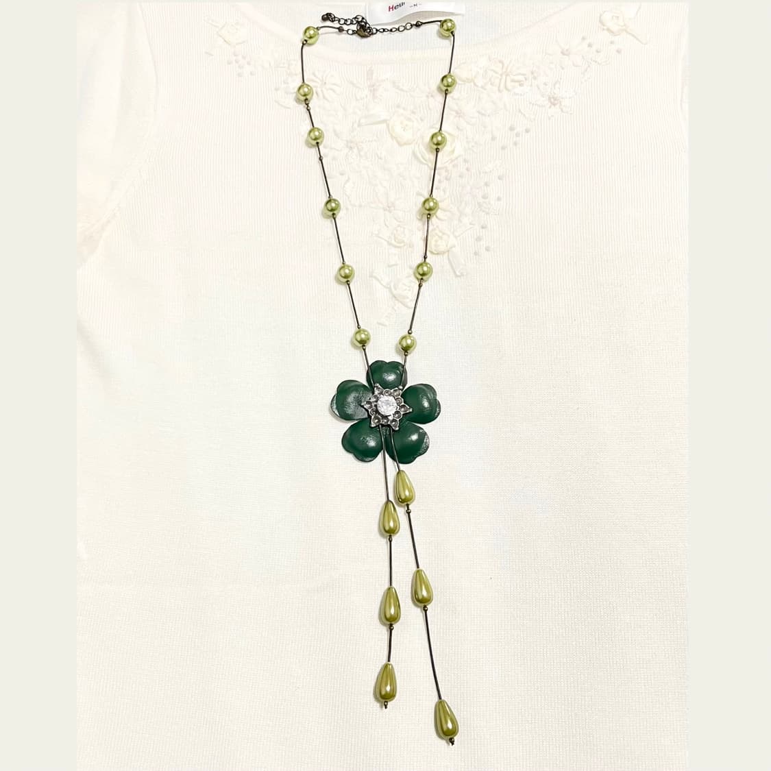 빈티지 그린 플라워 드롭 앤틱 롱목걸이 페어리 모리걸 하구미 오리엔탈 상품이미지1