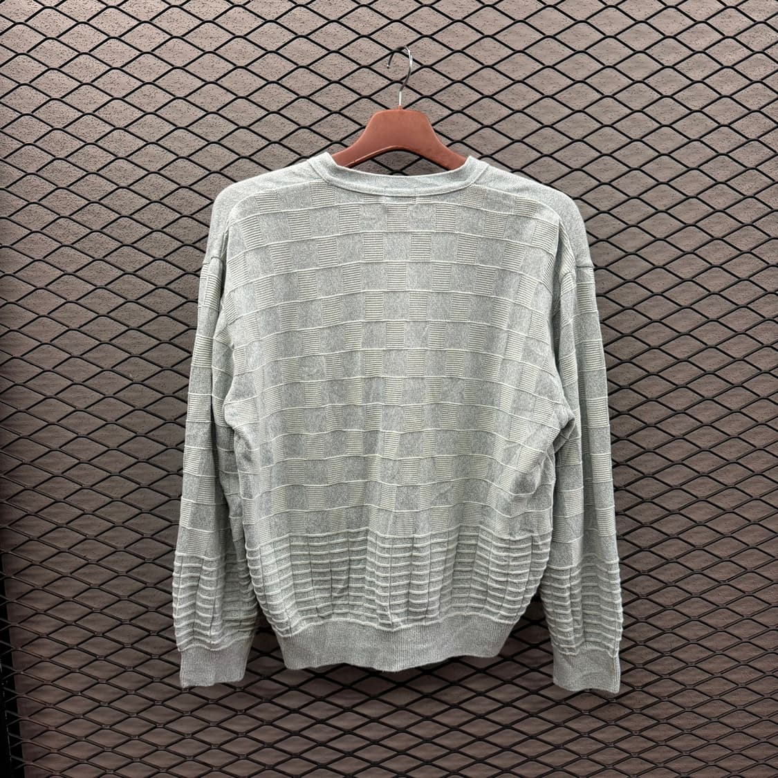 JPN VINTAGE V넥 가디건 엠보싱 라인 리버스 블록 패턴 디테일 상품이미지3