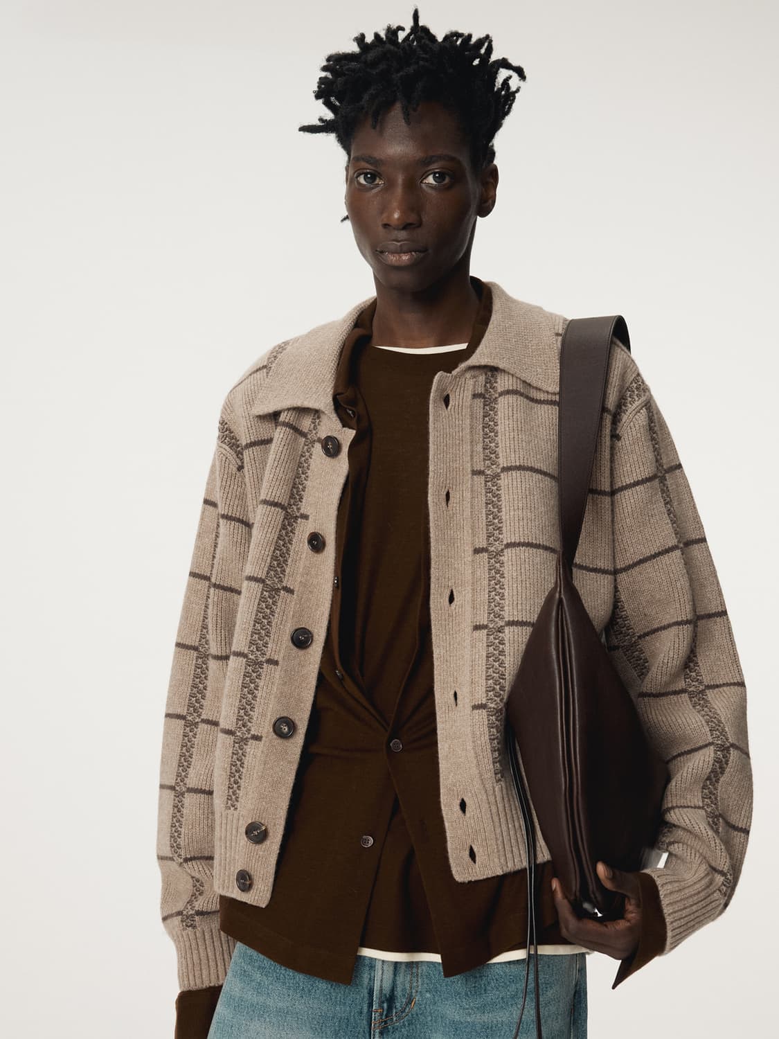 [XL] 렉토 스퀘어 자카드 카라 가디건 세피아 베이지 상품이미지1