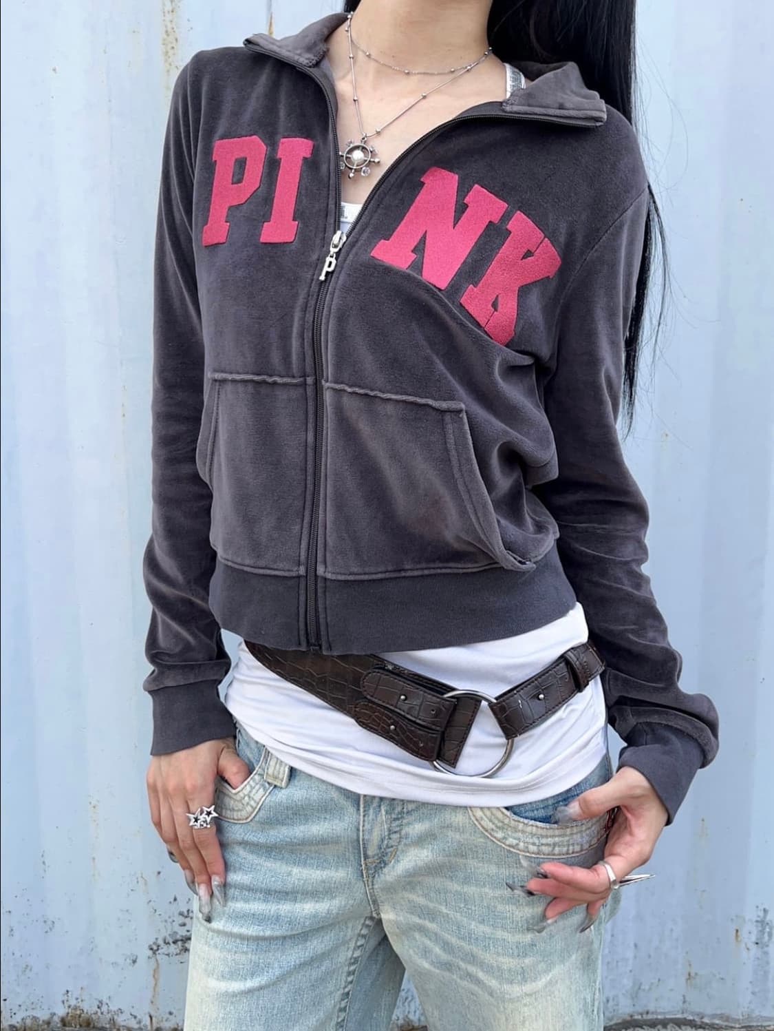 빈티지 PINK 핑크 벨벳 집업 그레이 상품이미지1