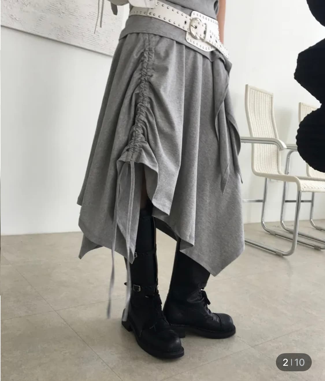 언발란스 레이어드 셔링 스웻 미디 스커트 그레이 상품이미지1