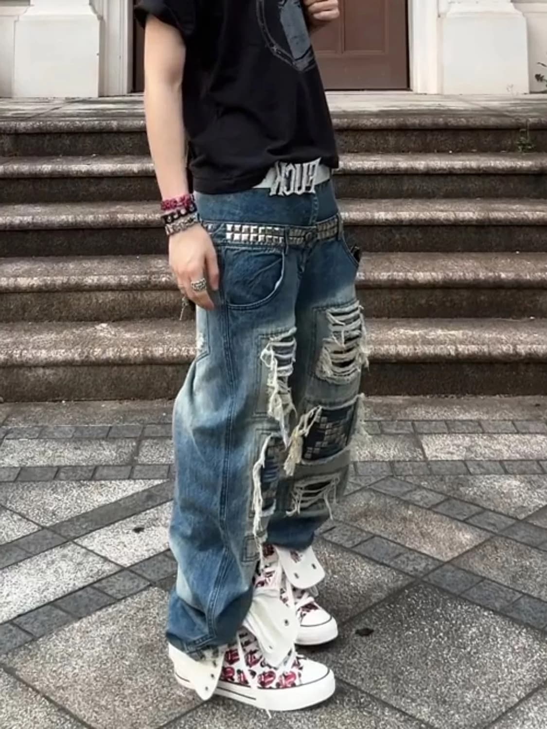 Y2K 디스트로이드 패치 데님 팬츠 상품이미지4