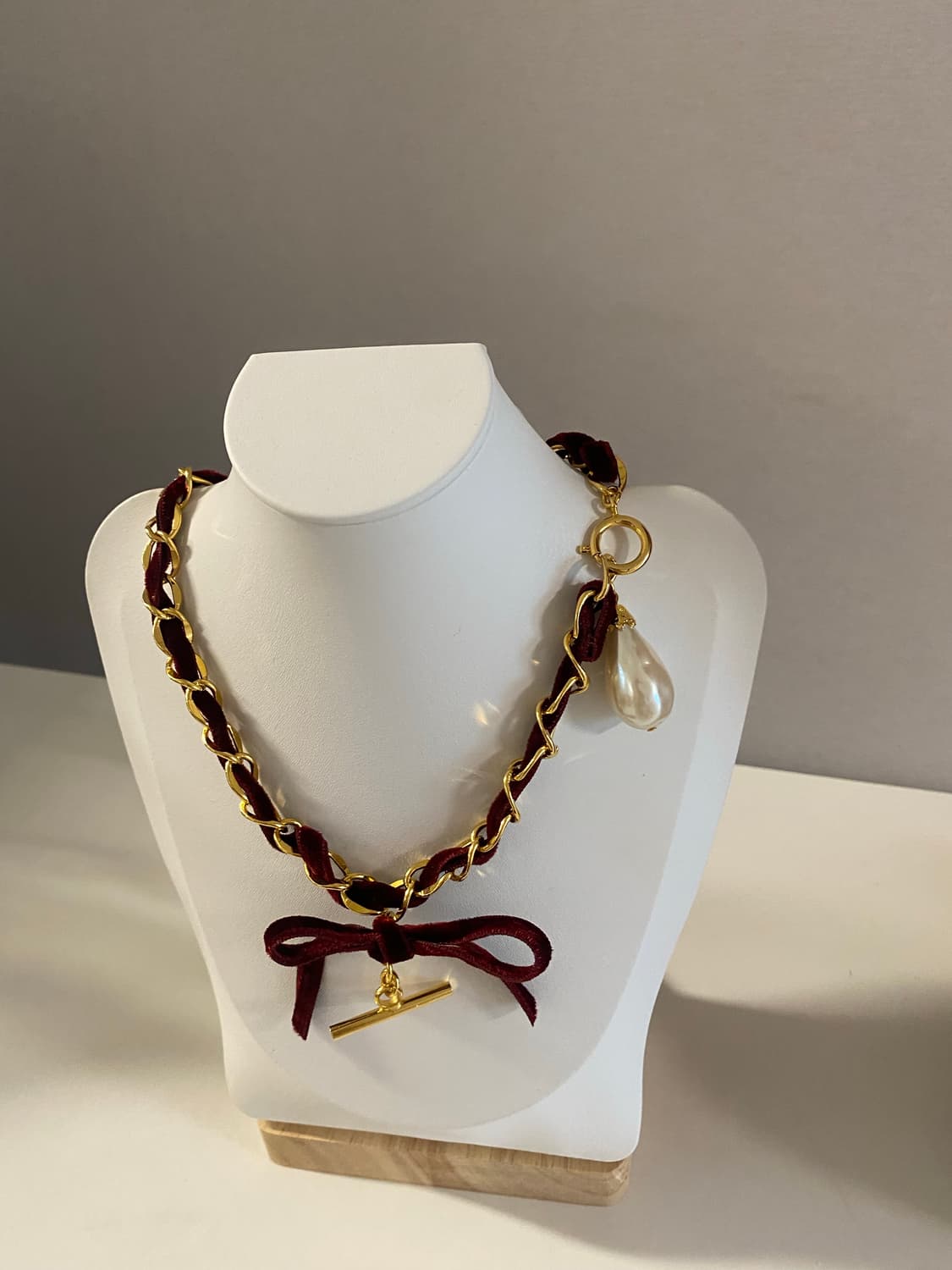 빈티지 버건디 벨벳 리본 진주 초커 상품이미지4