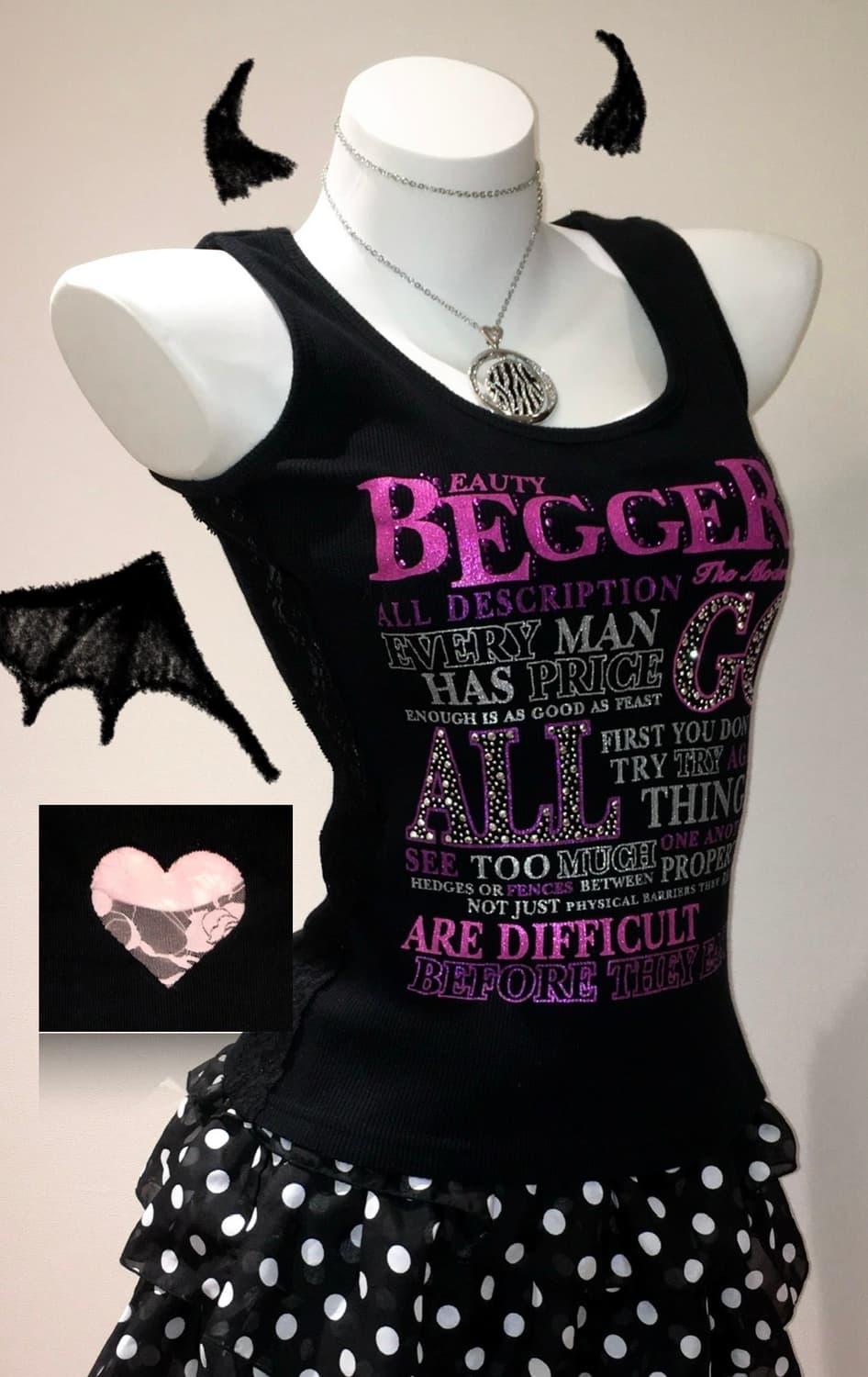 오네갸루 헤이세이 퍼플 글리터 큐빅 레터링 망사 하트 나시 탑 상품이미지1