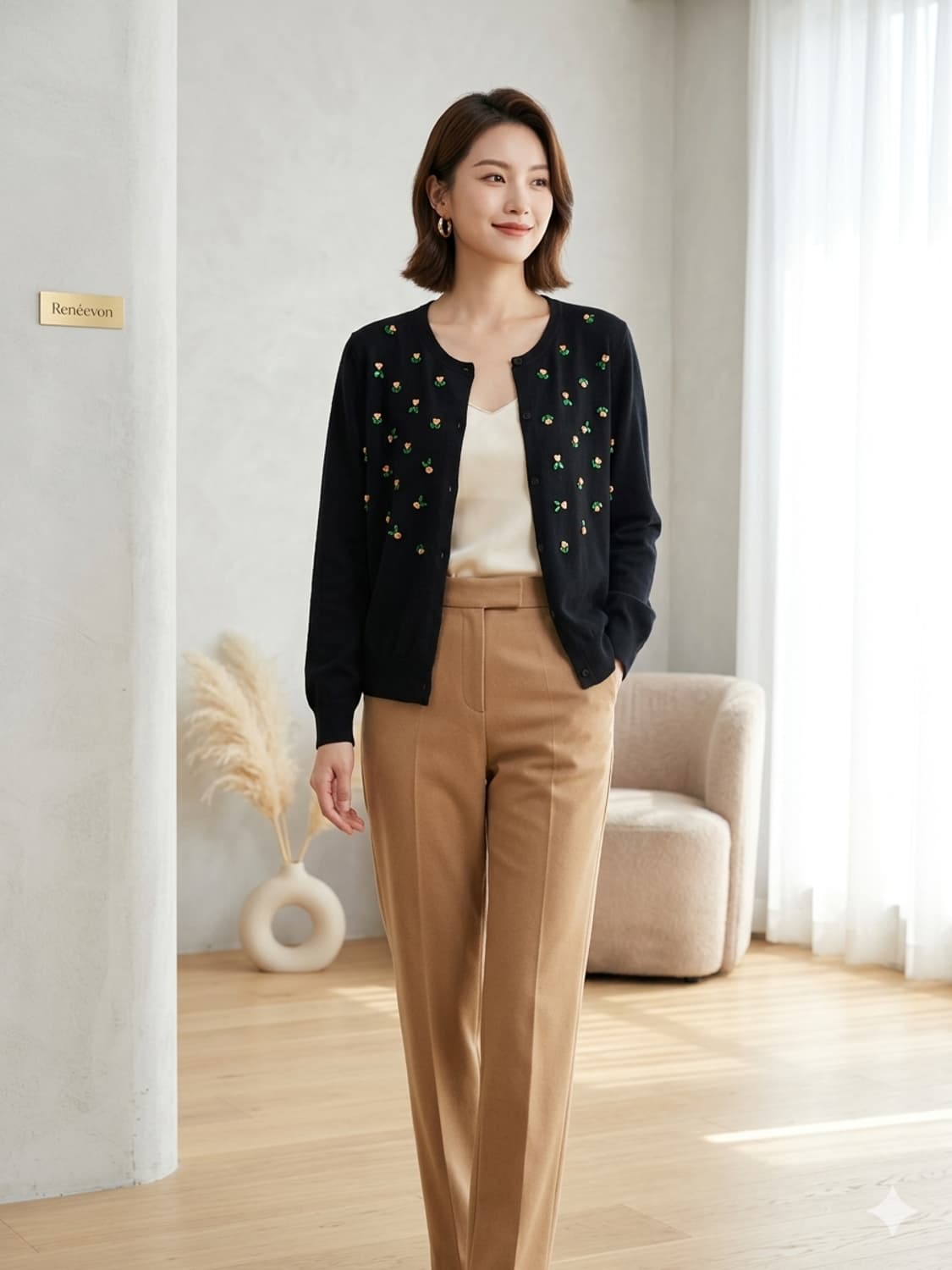 🌸 레니본 비즈 플라워 블랙 가디건 55-55반 | 로맨틱 봄 니트 상품이미지3