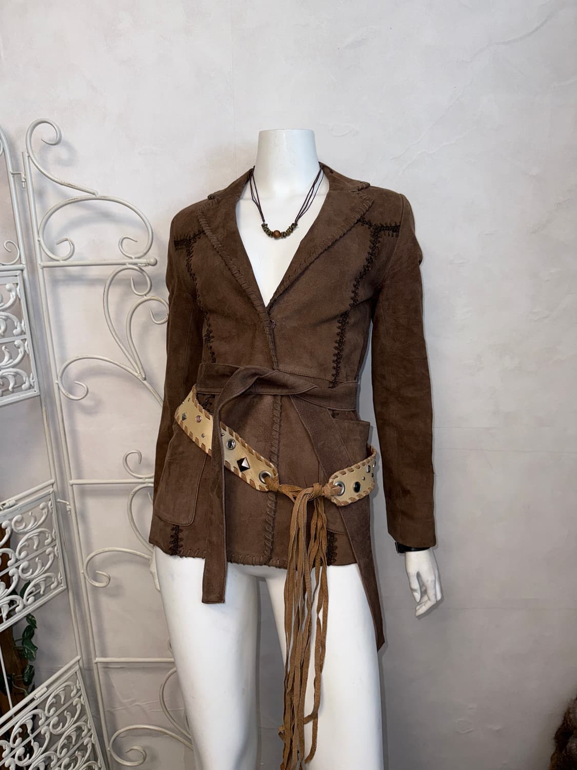 Brown goat skin suede stitch belt blazer 상품이미지4