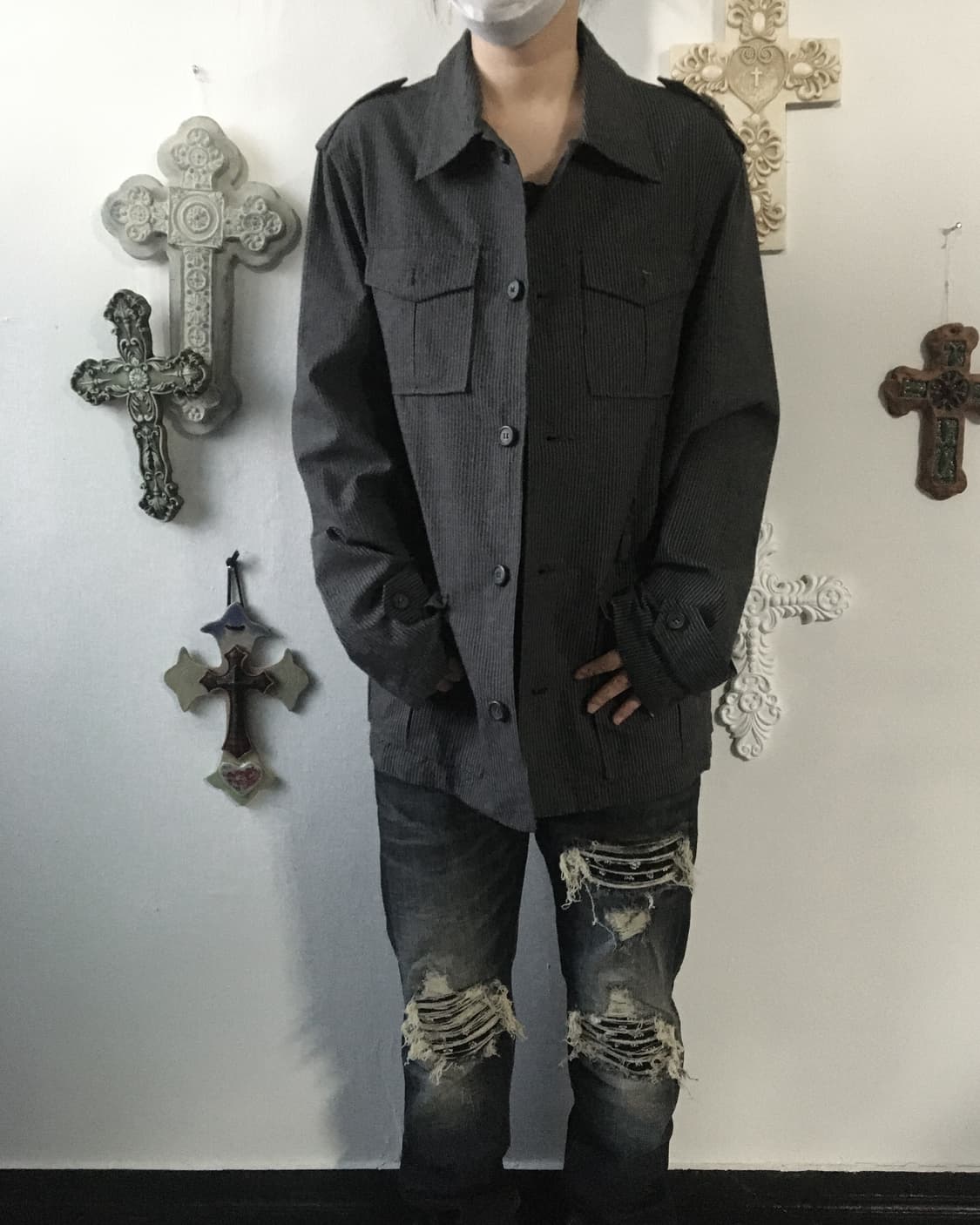 Belted stripe pattern jacket 상품이미지1