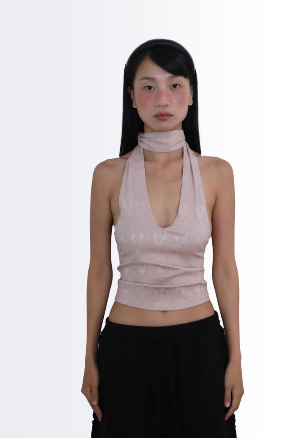 시오서울 자카드 홀터 슬리브리스 탑 핑크 상품이미지1