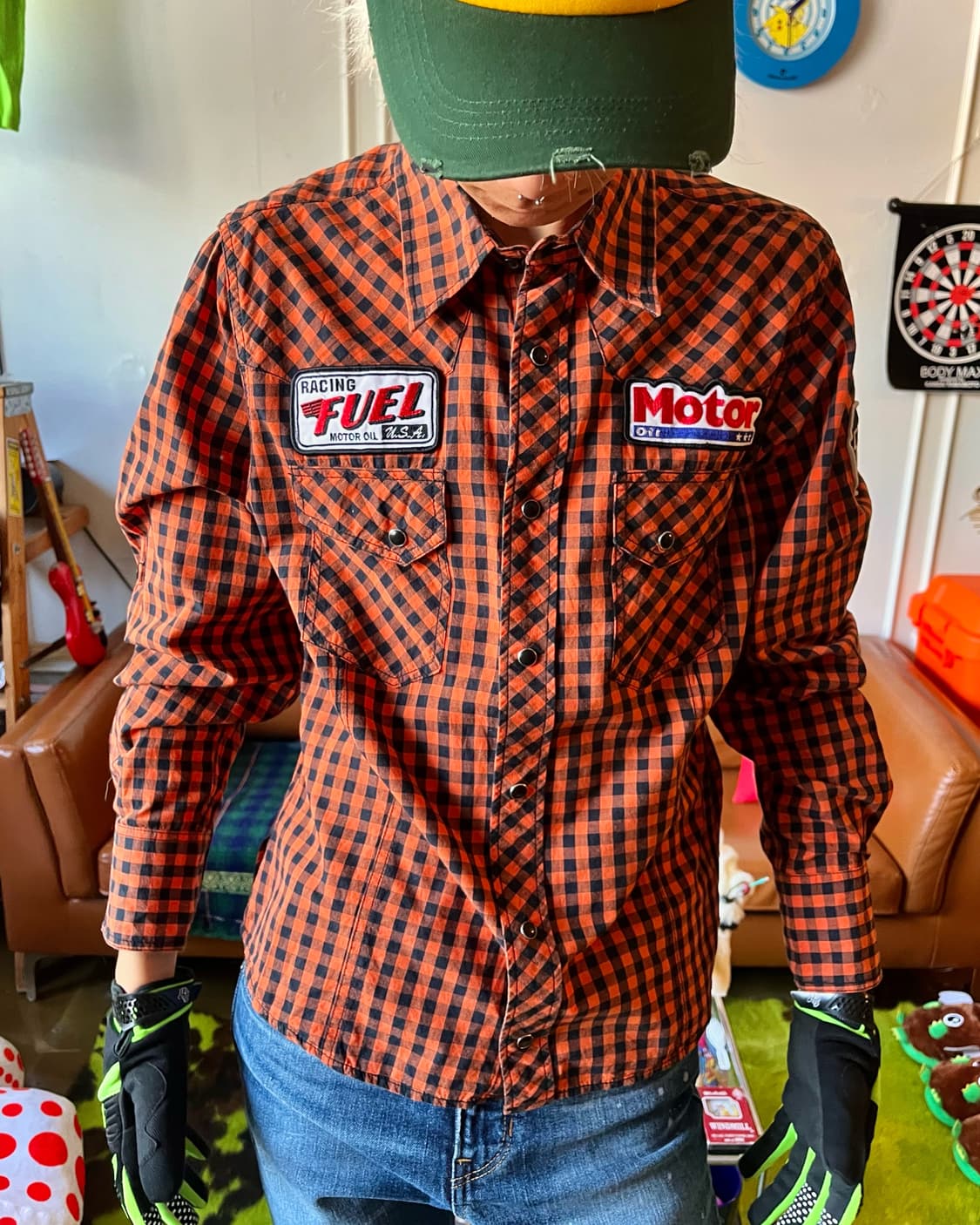 90-00s 76 Lubricants Orange Check Shirt 상품이미지3
