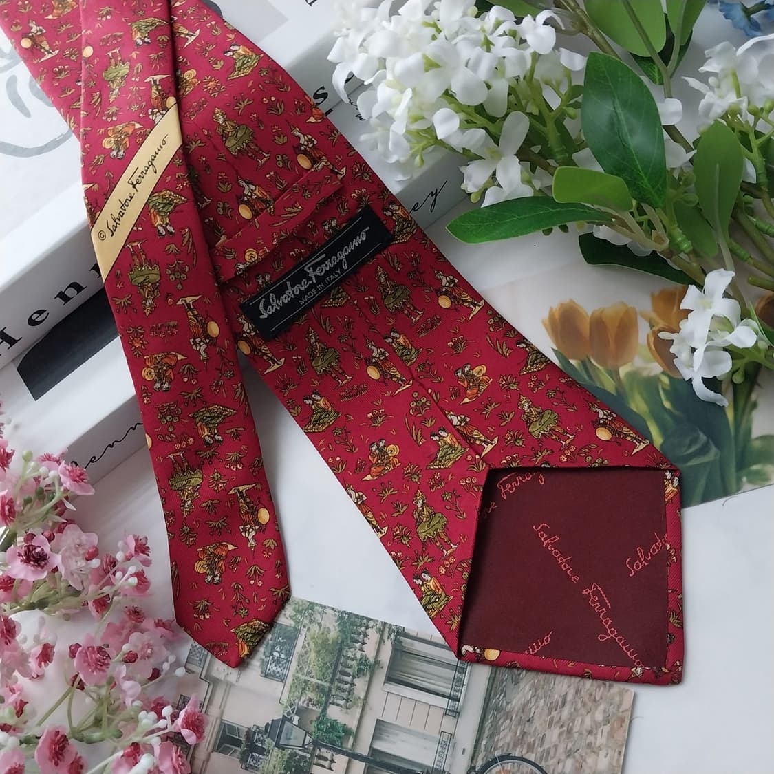 페라가모 실크 레드 오리엔탈 모티브 넥타이 9.6cm A+등급 K1479 상품이미지4