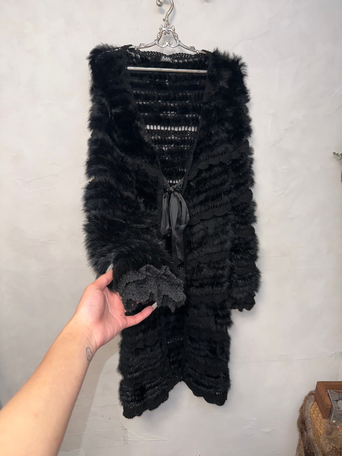 Black rabbit fur crochet ribbon long cd 상품이미지5