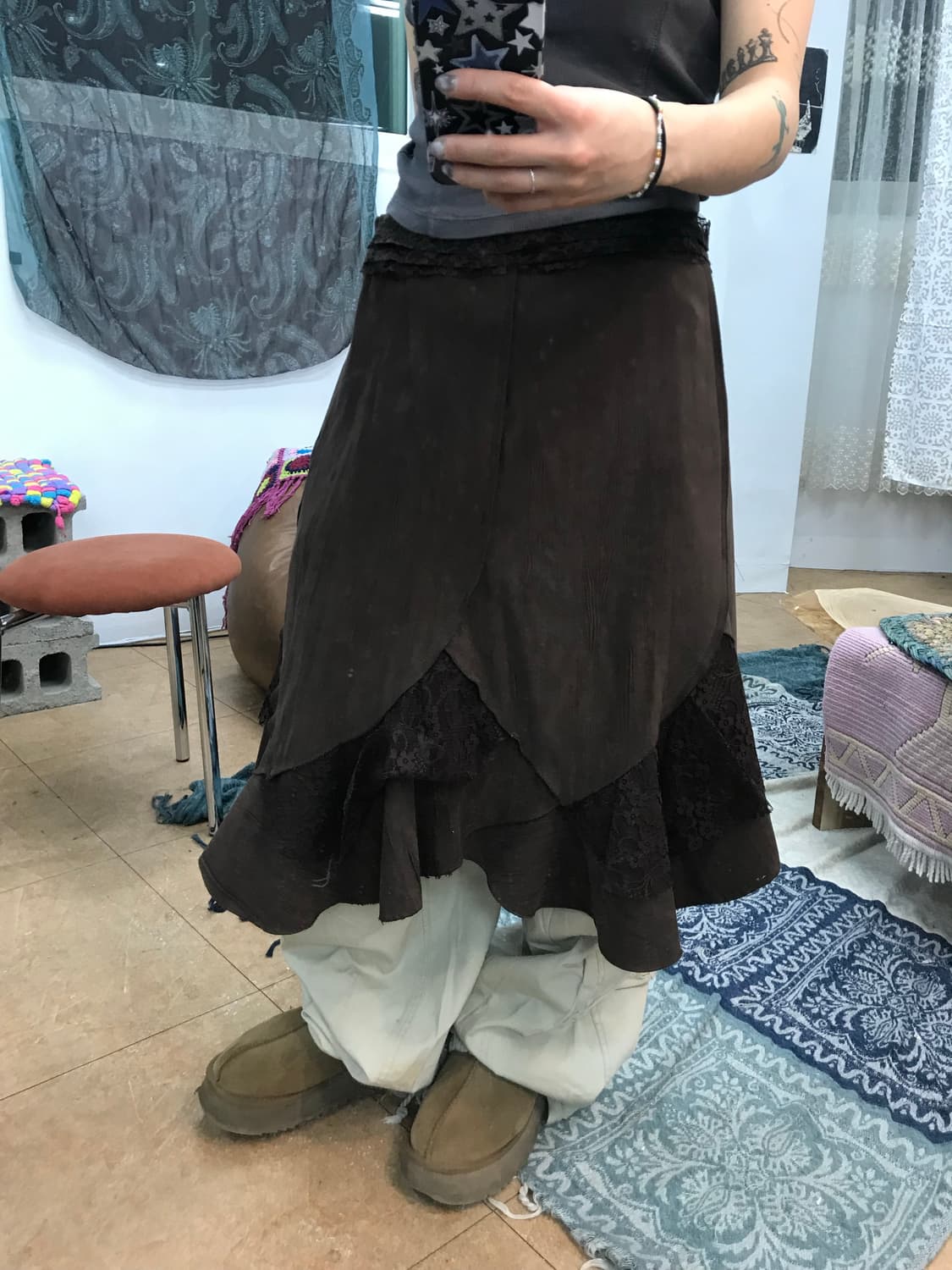 빈티지 여성 스웨이드 레이스 미니스커트  상품이미지1