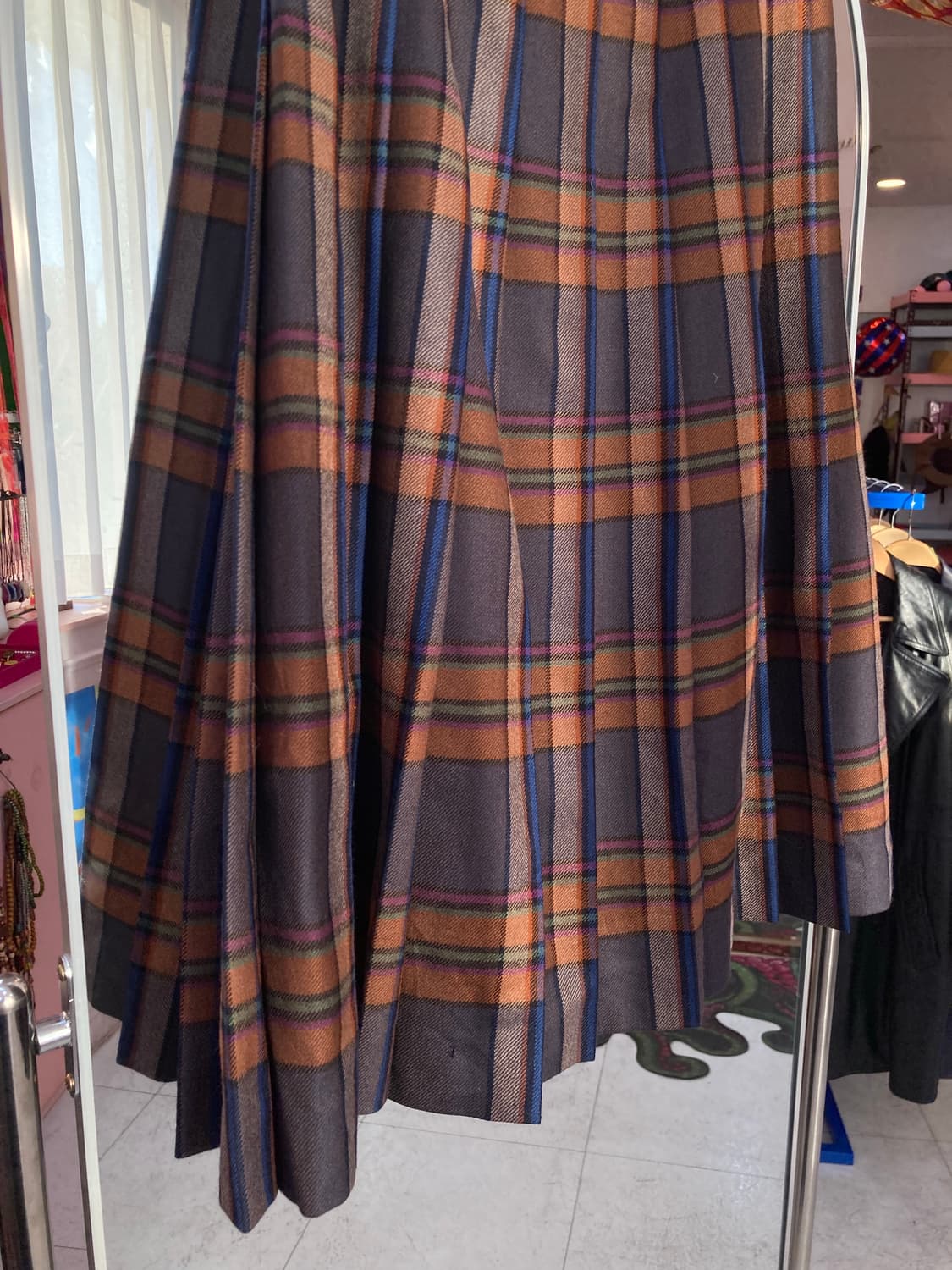 빈티지 울 브라운 체크 플리츠 미디 스커트 상품이미지6