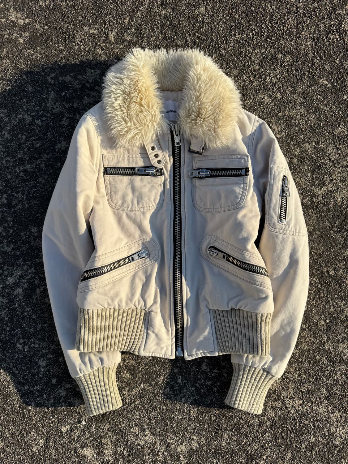 Ivory Fur-Trim Bomber Jacket 상품이미지1