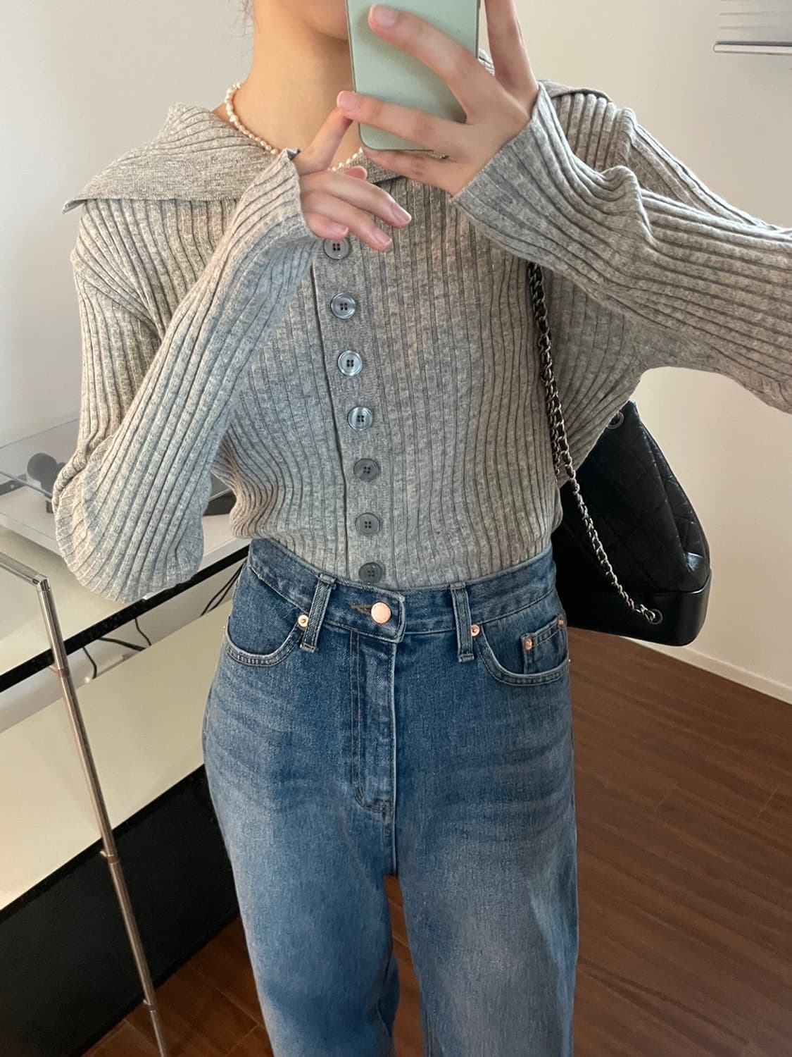 메리경 버튼 골지 니트 가디건 그레이 상품이미지3