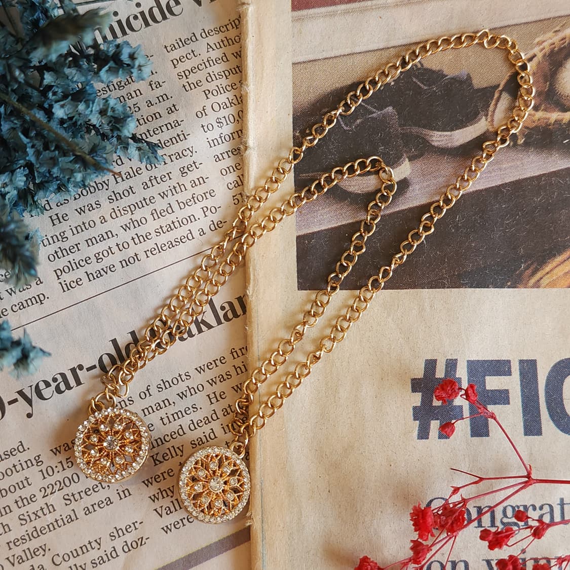 90s 프랑스 빈티지 쥬얼리 썬 플라워 커팅 레이어드 골드 체인 장식 상품이미지3