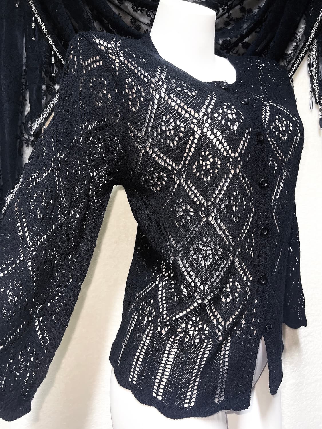 블랙 레이스 뜨개 니트 가디건 다크페어리 모리 오리엔탈 고스 고딕 갸루 상품이미지1