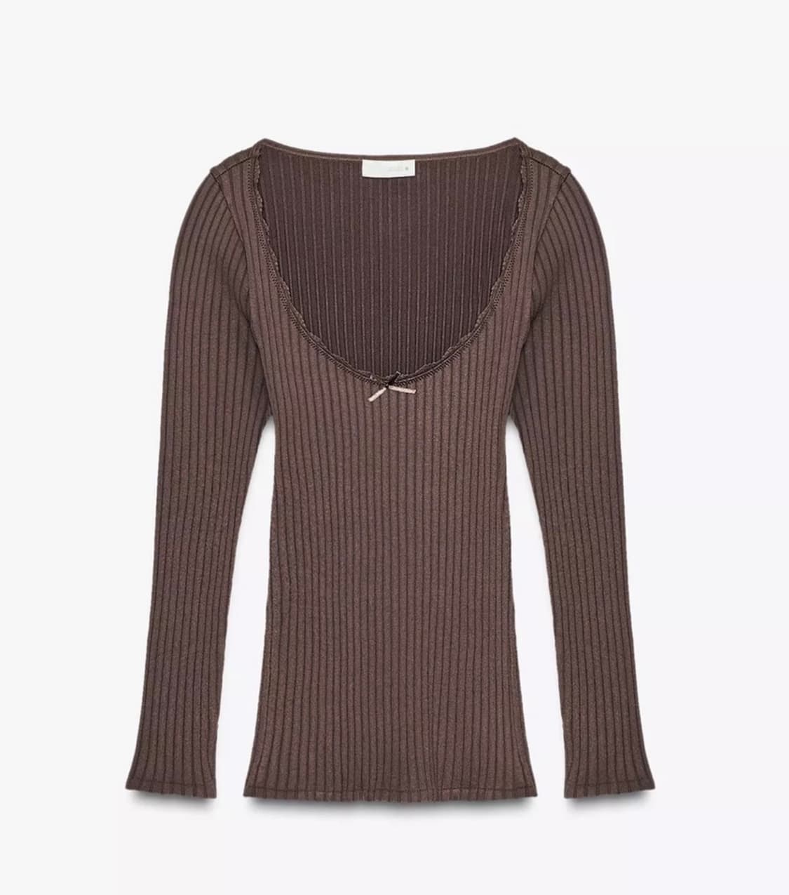 ZARA 자라 슬림핏 브이넥 리본 골지 긴팔 탑 브라운 상품이미지5