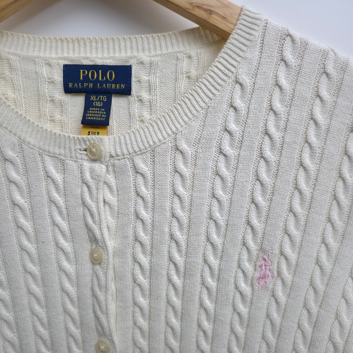 [S] 폴로 랄프로렌 케이블 핑크포니 가디건 아이보리 신형 큐알택 상품이미지4